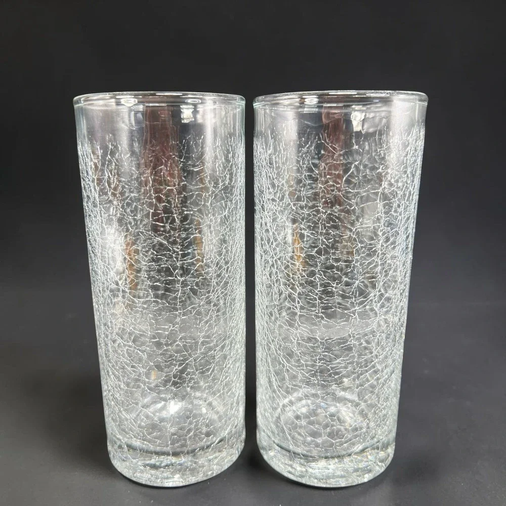 Pier 1 Crackle Glass‎ Highball Tumblers Clear Set of 2 Cups Glasses Cups 6.25in